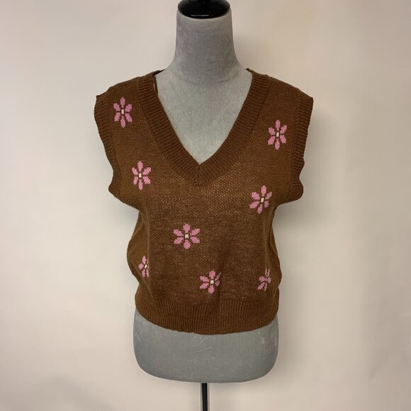 No Comment Womens Vest Size XL Brown & Pink Cropped Floral Boho Schoolgirl - Picture 1 of 10